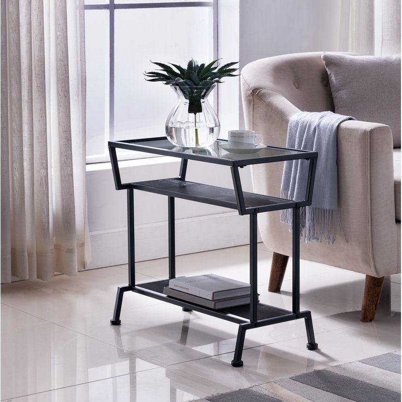 Table de bout rectangulaire en verre Damila avec base en acier et deux tablettes