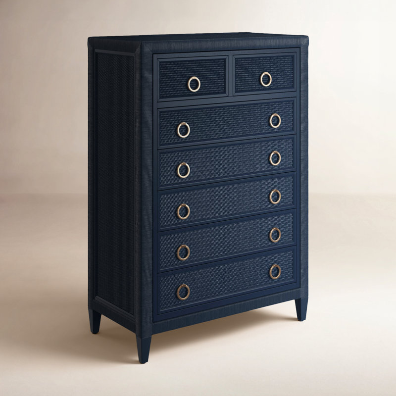 Warwick 7-Drawer Solid Wood and Wicker Vertical Chest, Navy, Satin Brass
