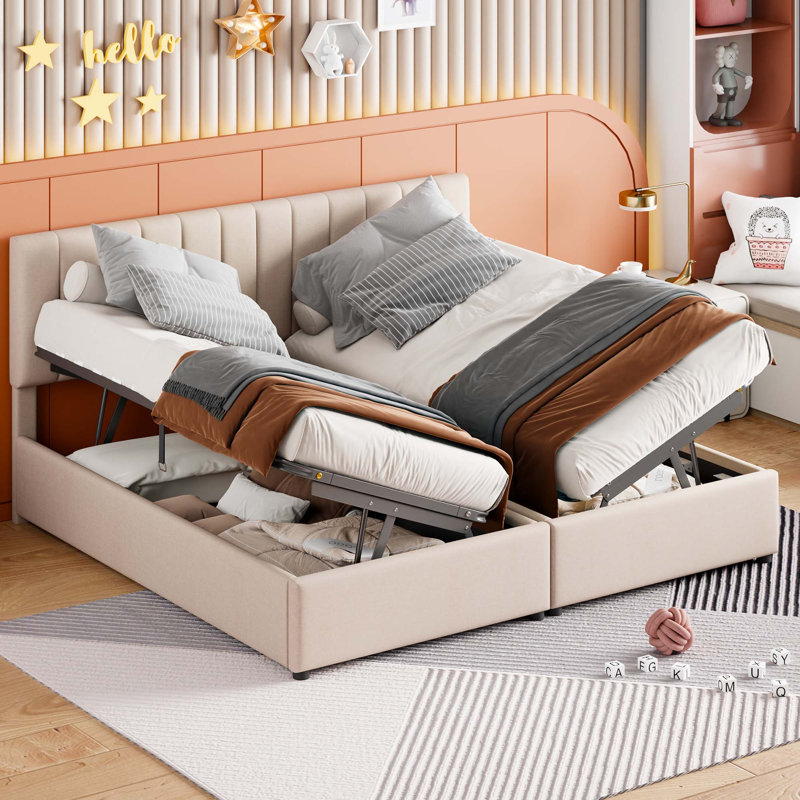 Très grand lit plateforme tapissier avec système de rangement hydraulique, Beige, King