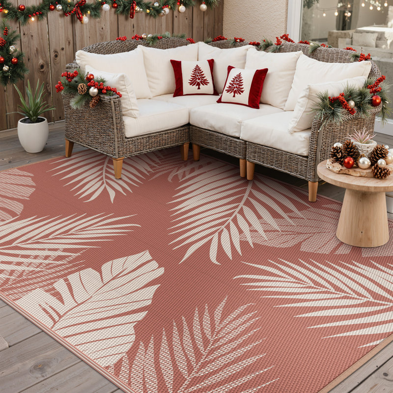 Tapis d'extérieur portatif rouge / beige Elkader Christmas, Rouge brique, Rectangle de 5 pi x 8 pi