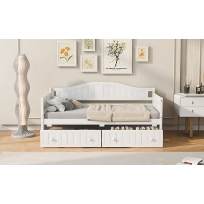 Lit de jour simple en bois avec 2 tiroirs, canapé-lit pour le salon de la chambre à coucher, aucun sommier tapissier requis, blanc