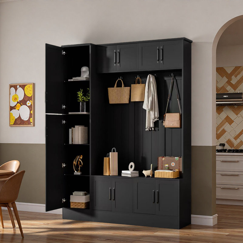 4-in-1 Tall Modern Hall Tree With Shoe Storage,  Cabinets, Coat Hooks, Metal Handles And Adjustable Shelves, Black
