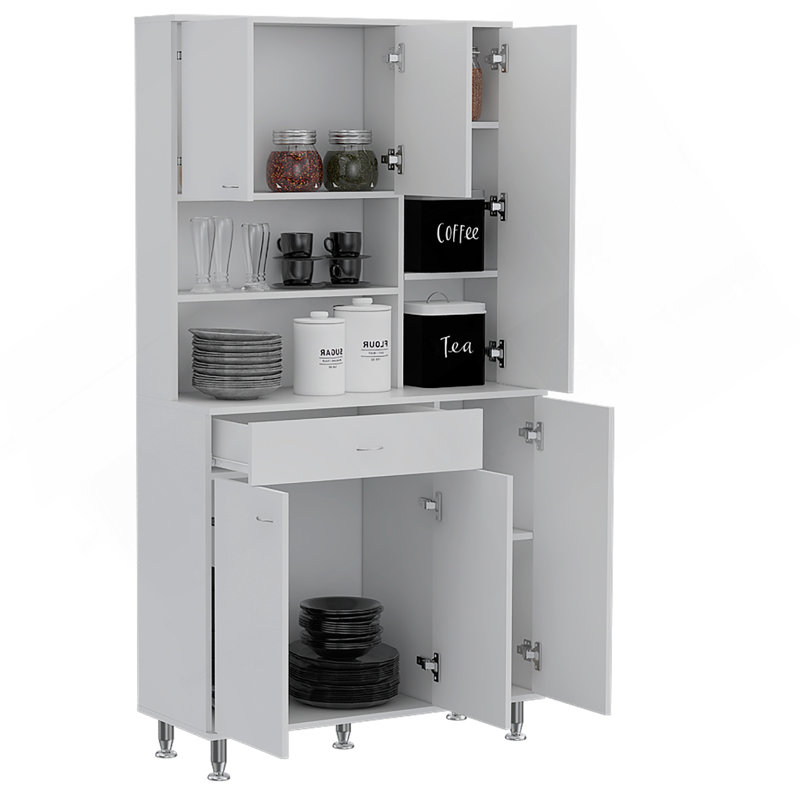 Armoire de cuisine 90, deux tablettes ouvertes, un tiroir, plusieurs armoires, blanc, Blanc