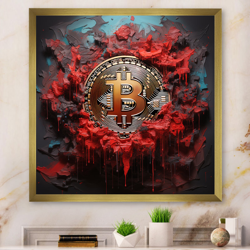 Red Bitcoin Crypto monnaie II - art mural mode Bitcoin, H 16 po x l 16 po x P 1 po, Cadre doré simple