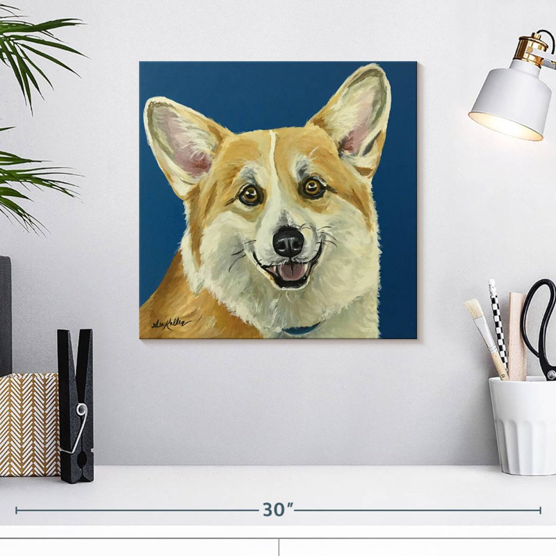 Corgi sur fond bleu, H 16 po x l 16 po