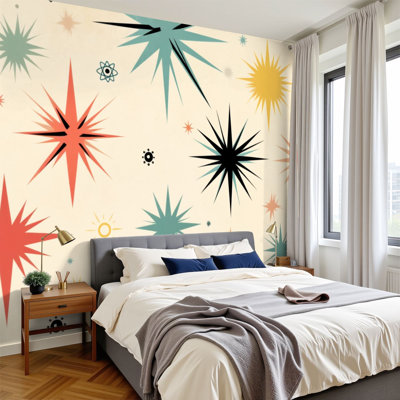 Peel and Stick Wallpaper Mid Century Modern Retro Shapes Teal Coral Mustard Black Wall Murals 100"H x 144"W Removable PVC Wall Paper Self-Adhesive Wall Decor for Bedroom Living Room Home Office