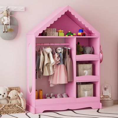 Armoire garde-robe pour enfants avec miroir et tablettes de rangement, armoire pour enfants avec rangement pour tringle à vêtements et étagère à chaussures, armoire à vêtements suspendue ouverte avec crochets pour chambre de fille, salle de jeux