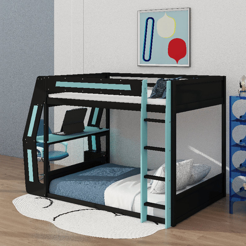 Lit superposé de jeu avec bureau RVB surdimensionné monté sur le côté, ports de charge USB et œillet à câble, bande lumineuse à DEL