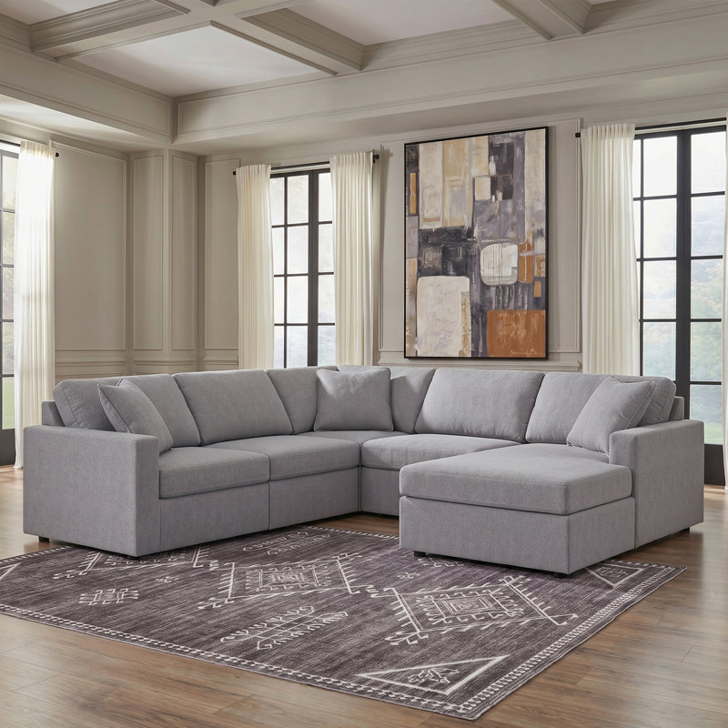 Canapé modulaire 5 pièces avec méridienne Depew, Orienté à droite, Polyester gris