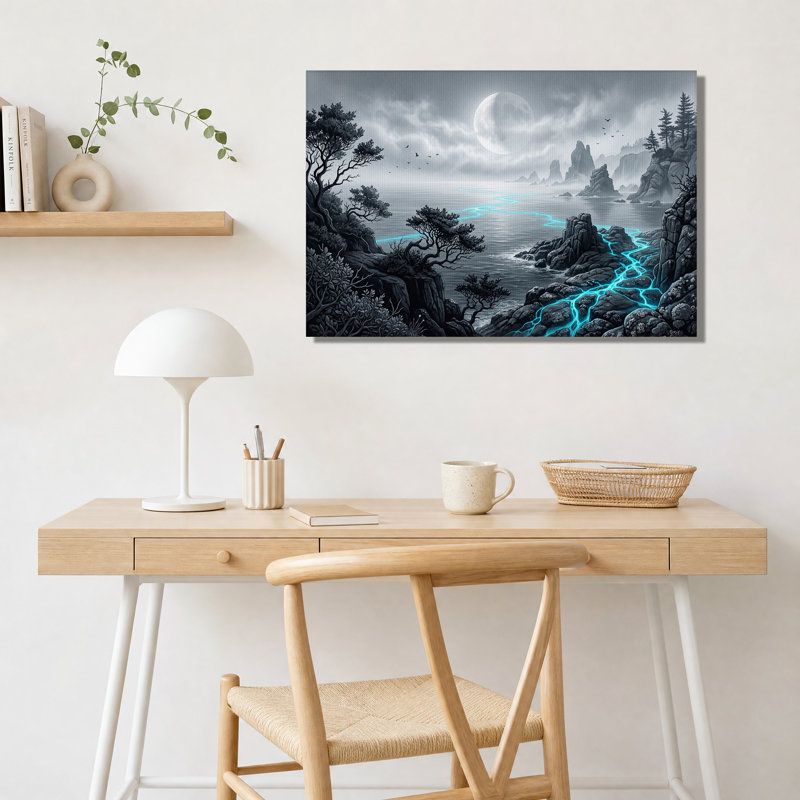 Rivière bleue lumineuse coulant le long d'une côte rocheuse, sous une toile murale, 12"H x 18"W