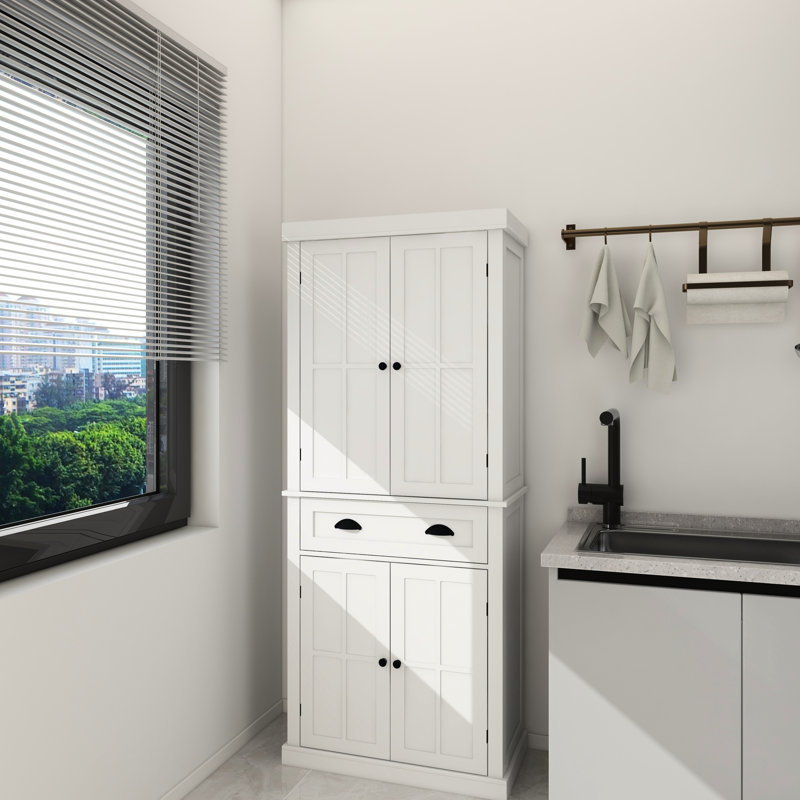 71" Freestanding Kitchen Pantry, 4 Doors, Drawer, 2 Adjustable Shelves - White. Cupboard For Dining, Living, Laundry. Classic Design, Ample Storage Pantry Cabinet In White, Shelves. For Charming