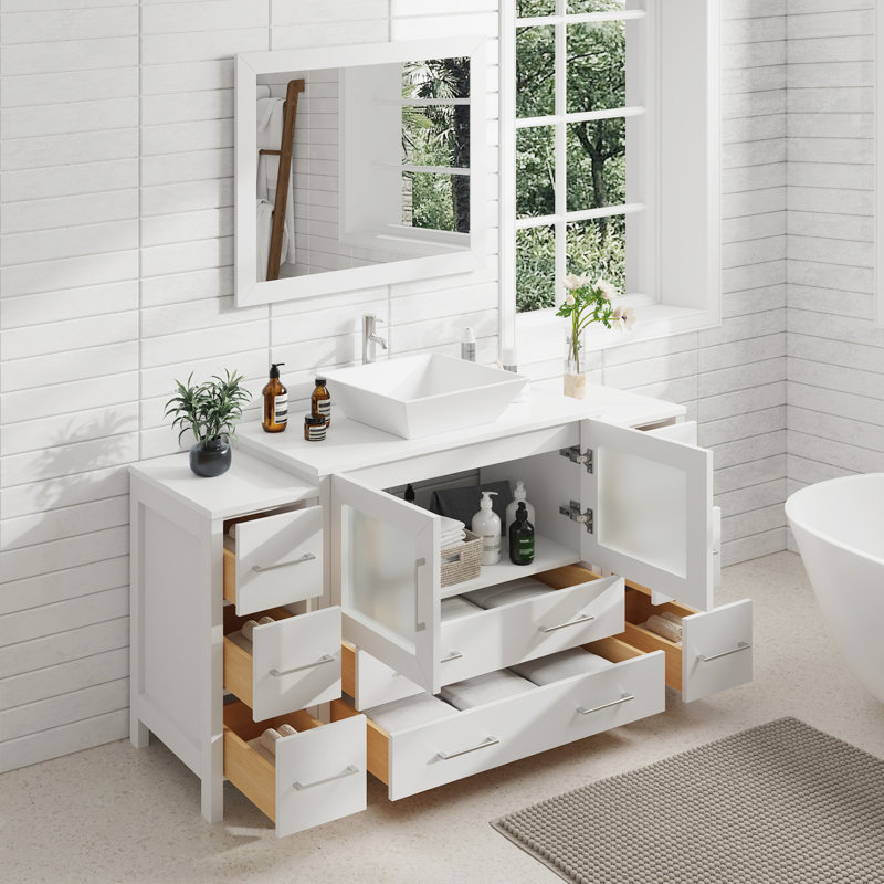 Ravenna 60" Freestanding Single Sink Bathroom Vanity with Engineered Marble Top and Matching Mirror, White