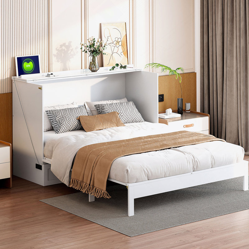 Lit escamotable double avec grands tiroirs, blanc, Full, Blanc