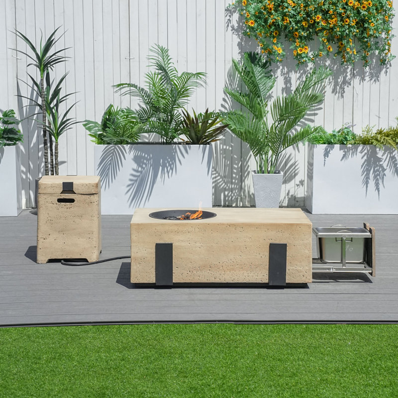 Table de foyer d'extérieur au propane avec couvercle en oxyde de magnésium H 14,57 po x l 42,13 po, Brun