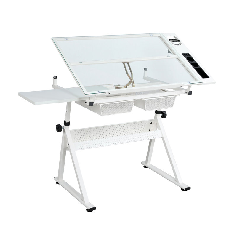 WHITE Adjustable Tempered Glass Drafting Printing Table With Chair, White