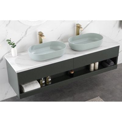 Lavabo de salle de bain moderne ovale de 24 po x 14 po - évier au-dessus du comptoir, abdos bleus, hygiénique, grattoir, fondu, impact, évier à vasque à évacuation rapide