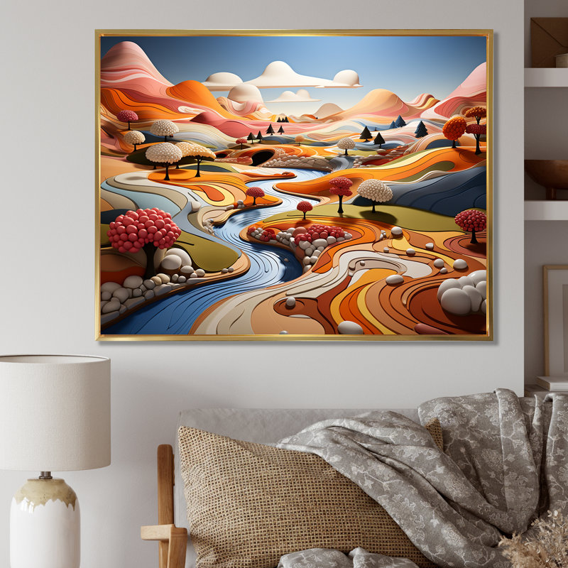 «Whimsical Fields Of Color Landscape I - Countryside», reproduction d'art sur toile, Cadre flottant doré