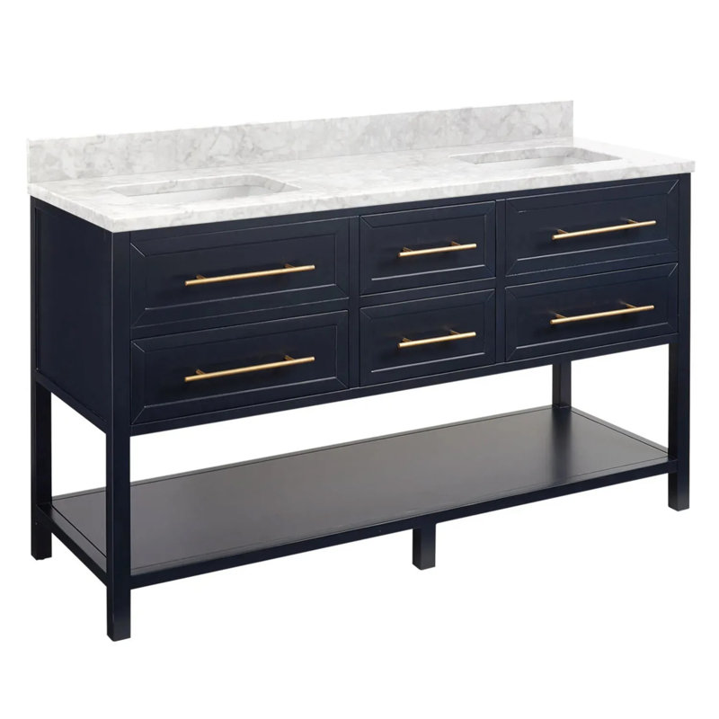 60" Robertson Double Bathroom Vanity Set with Rectangular Undermount Sinks, Carrara Marble, Midnight Navy Blue