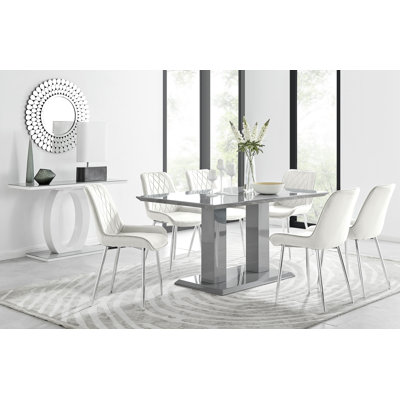 Edzard Double Pedestal High Gloss Dining Table Set with 6 Luxury Velvet Dining Chairs