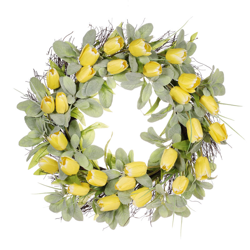 Artificial Tulip Floral Spring Wreath with Green Leaves, 24" W x 24" H x 5.5" D