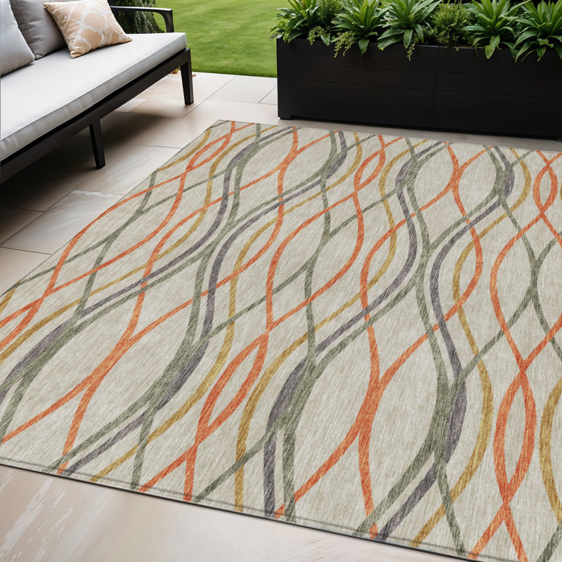 Tapis extérieur lavable abstrait orange ivoire et gris 5 pi x 8 pi