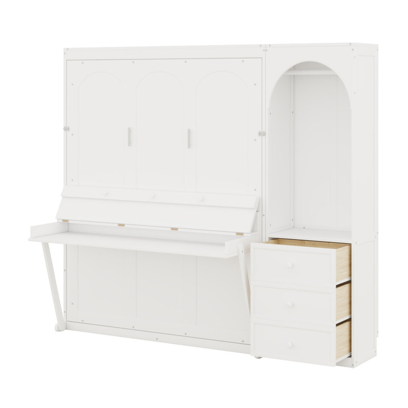 Lit escamotable classique avec 3 tiroirs, tablette de rangement et tringle pour garde-robe, Blanc