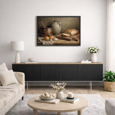 Rustic Kitchen Still Life with Bread and Pottery - Pictures Framed Canvas Print Wall Art