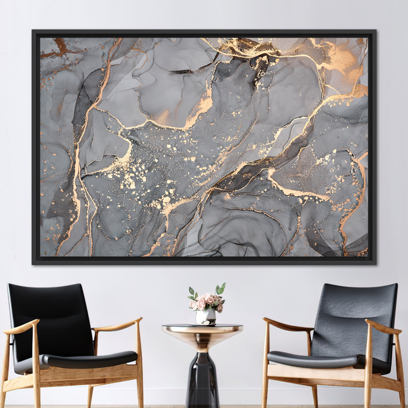 Modern Abstract Art Canvas - Luxury Marble Print Alcohol Ink Poster, Black Floater Framed, 70 cm H x 100 cm W