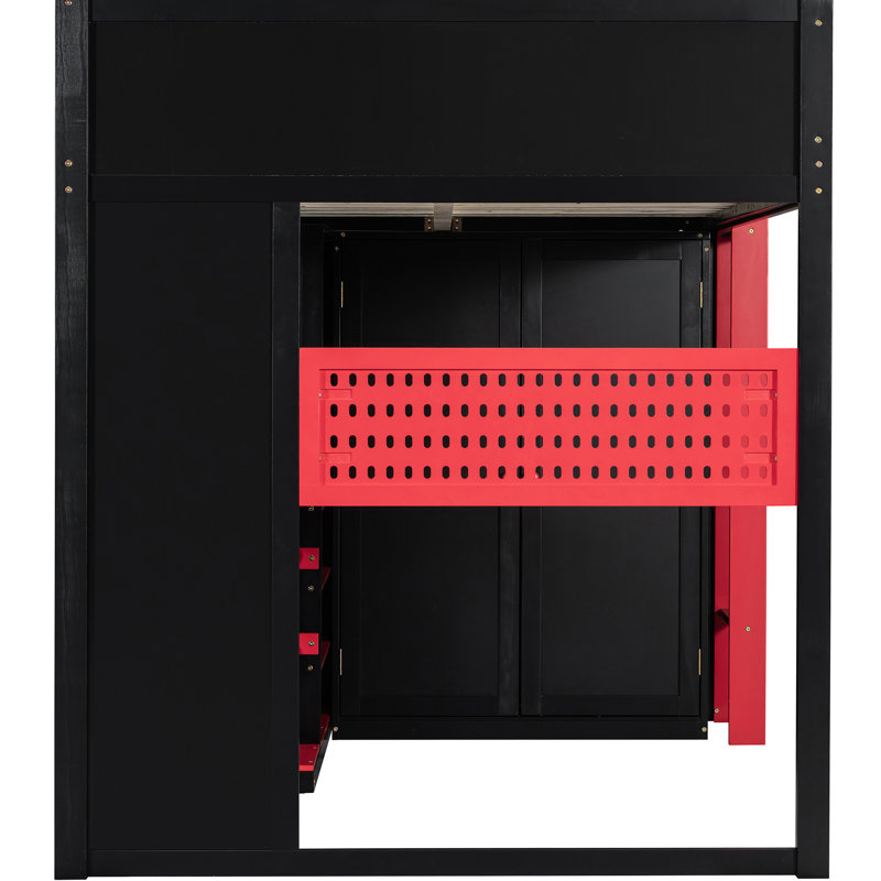 Lit mezzanine en bois rouge pleine grandeur avec bureau, DEL, charge et un côté pour accrocher les clés, Red