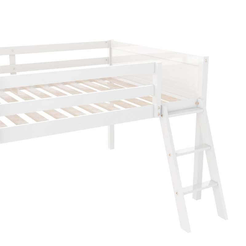 Lit mezzanine bas en bois avec échelle, Blanc, Lit double