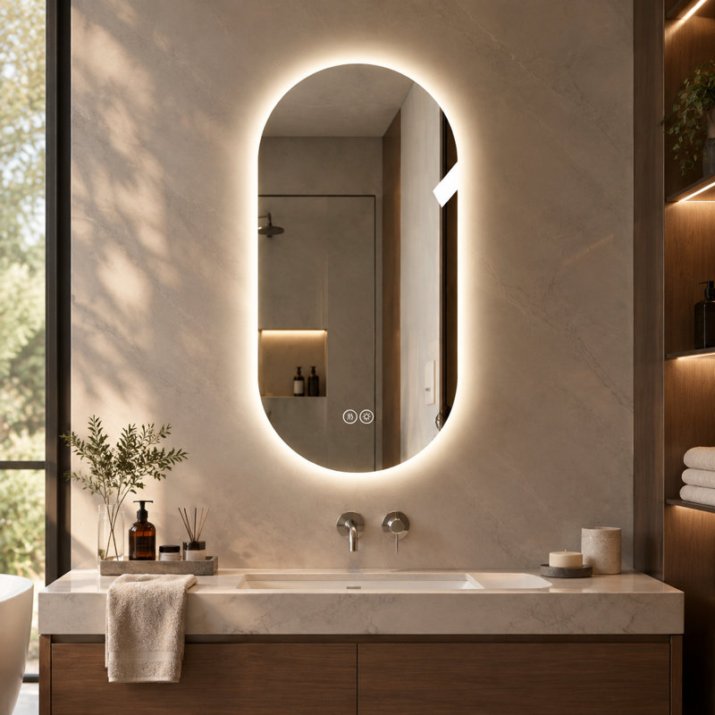 Miroir de salle de bain mural à DEL avec commandes tactiles et fonction antibuée