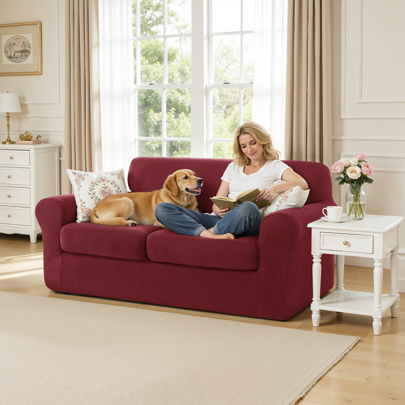 3 Piece Stretch Jacquard Couch Cover, Sofa Slipcover for 2 Cushion Couch, Machine Washable Furniture Protector(Loveseat, Wine)