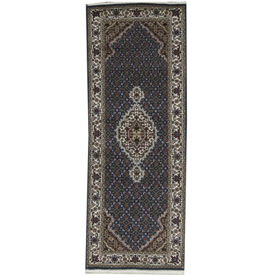 Tapis de couloir bleu foncé / crème / brun noué à la main de haute qualité