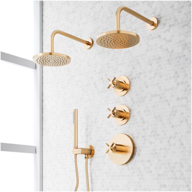 Vassor Thermostatic Shower System With Dual Showerheads and Hand Shower - Brushed Gold, Brushed Gold