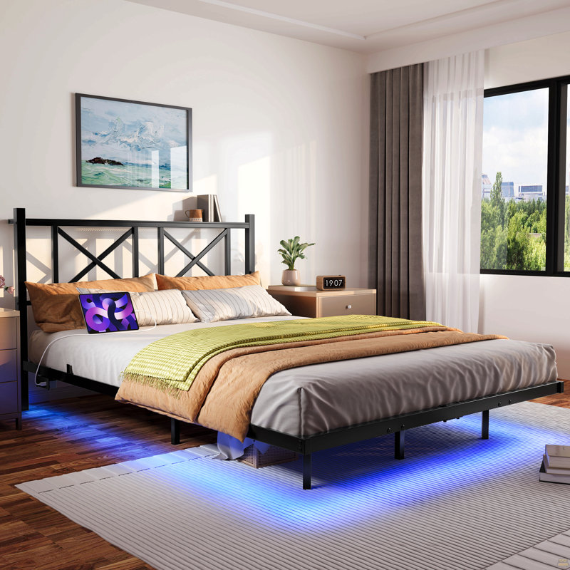 Cadre de lit flottant grand lit avec tête de lit et rangement, cadre de lit plateforme double avec station de charge USB et lumières DEL