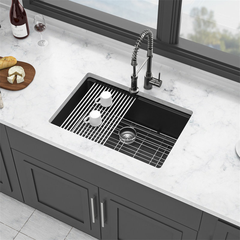 Évier de cuisine en quartz - Évier de cuisine 28 po x 19 po en granite noir