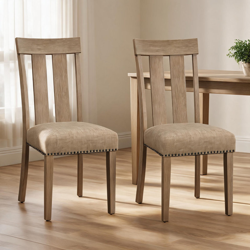 Ensemble de 2 chaises d'appoint luxueuses à dossier ouvert, tissu en lin beige avec structure en bois d'érable