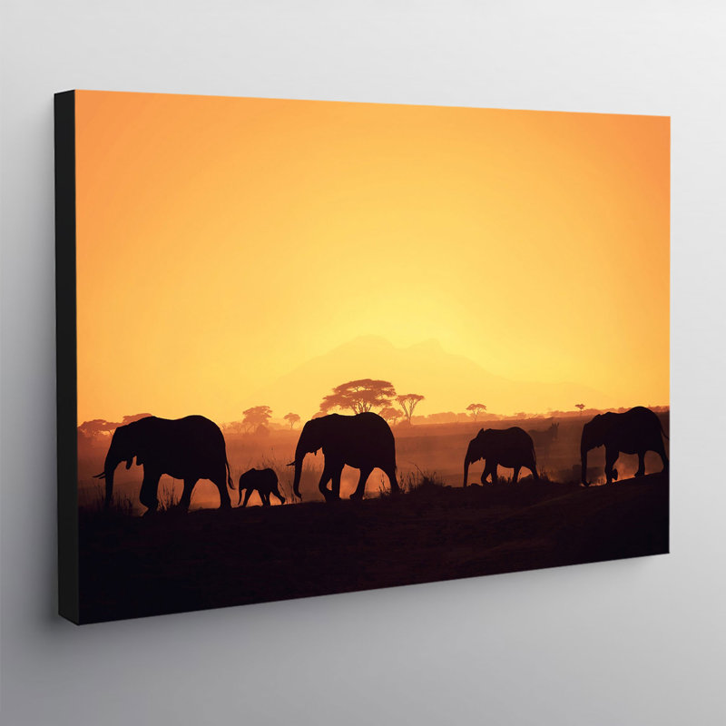 African Elephant Group Safari Sunset - Wrapped Canvas Print, 84cm H x 120cm W x 4cm D