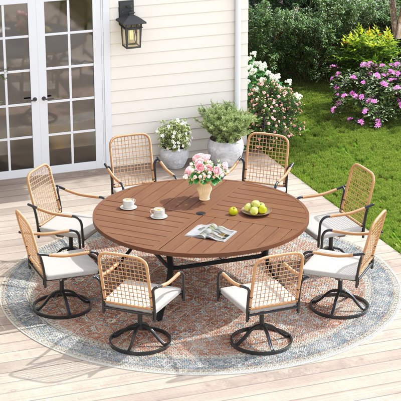 8-Person 60" Patio Dining Set With Cushioned Swivel Woven Rattan Chairs, Black/Brush Wood Brown