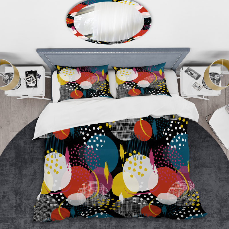 Ensemble de housse de couette en microfibre noir / rouge / jaune 2 pièces, Housse de couette pour grand lit et 2 taies décor