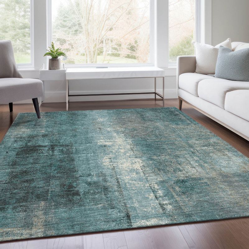 Tapis bleu sarcelle lavable à la machine intérieur / extérieur Xhevrie, Rectangulaire 3 pi x 5 pi
