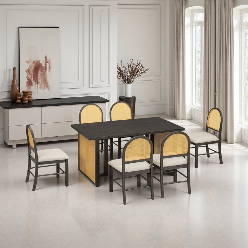 Ensemble de table de salle à manger 7 pièces pour table de salle à manger rectangulaire 6 - 59,8 "avec placage patiné et 6 chaises en rotin