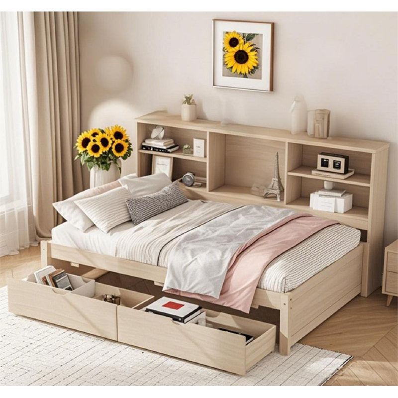 Twin Size Bed Frame With Side Bookshelves, Two Drawers, And Built-In USB Port, Beige