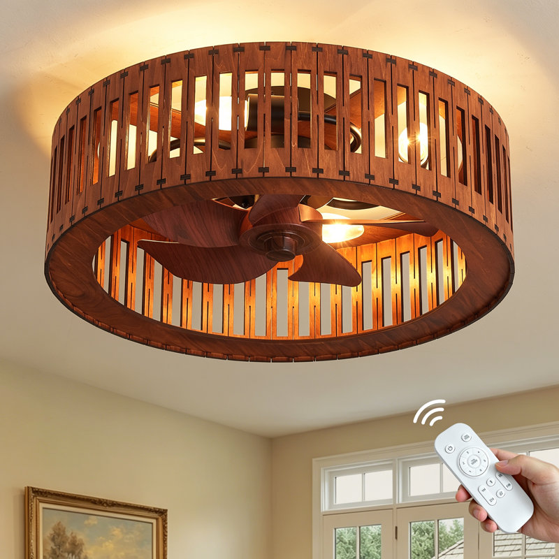 19.7" 4-Light Flush Mount Brown Wood Ceiling Fan Light, 5-Blade Rustic Fandelier with Remote Control and Reversible DC Motor for All-Season Use