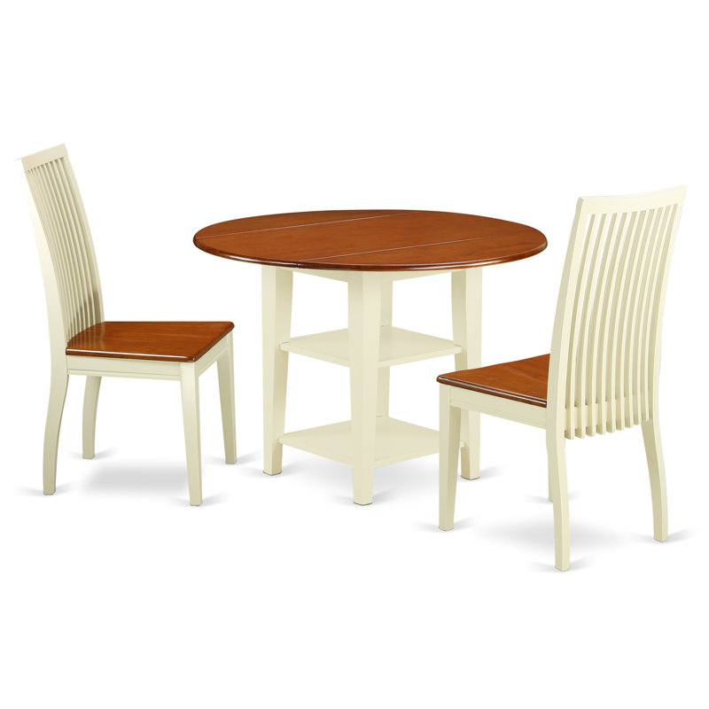 L'ensemble 3 pièces de table et chaises de cuisine comprend une table de salle à manger ronde avec Dropleaf et des tablettes et 2 chaises de salle à manger, babeurre et cerise