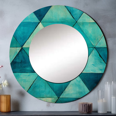 Turquoise triangles - miroir de formes abstraites, miroir mural décoratif rond moderne, impression d'art en métal
