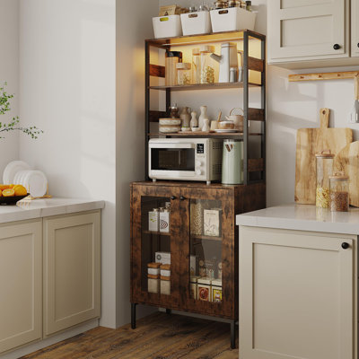 67" Tall Kitchen Pantry Cabinet with LED & Power Outlets, Coffee Bar Hutch with Storage Shelves and Glass Doors