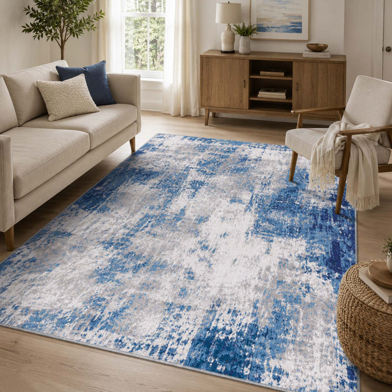 Tapis abstrait lavable bleu-gris de 152 x 213 cm avec envers antidérapant