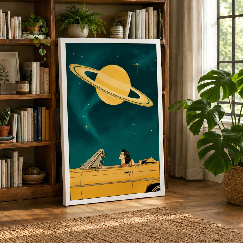 Saturn and the Yellow Convertible Retro - Wrapped Canvas, 36x24 - 91.4 x 61.0 cm, Teal Border