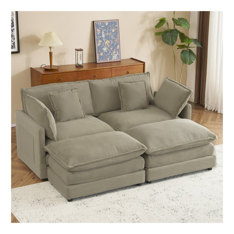 Canapé modulaire rembourré en L 75,6 po avec poches de rangement latérales pour le salon, Brun